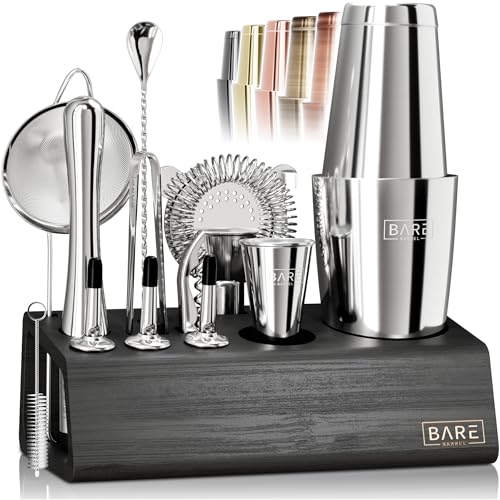 Bartender Kit Bar Set with 28oz Boston Shaker - Silver & Black - 14 Piece Cocktail Mixing Tools & Recipe Cards