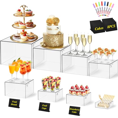 Qinzave 8-Piece Clear Acrylic Buffet Risers Set with Mini Signs, 8 Sizes