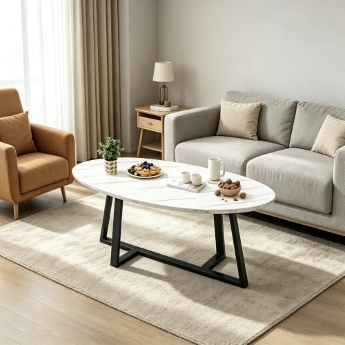 White Black Oval Coffee Table - Small Modern Living Room Side Table with Marble Top