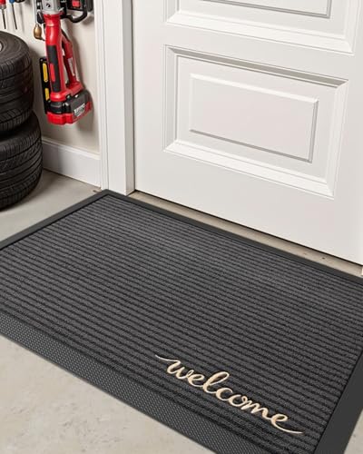 DEXI Welcome Grey Front Door Mat 32x48 Rubber Entry Doormat - All-Weather Non-Slip