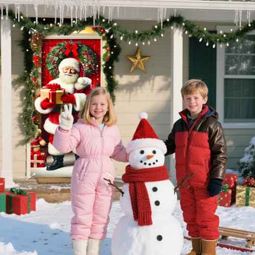 Nuxovilar Christmas Door Cover Christmas Banner Festive Santa with Teddy Bears Winter Holiday Decor for Home Indoor Outdoor (35x71 Inches)