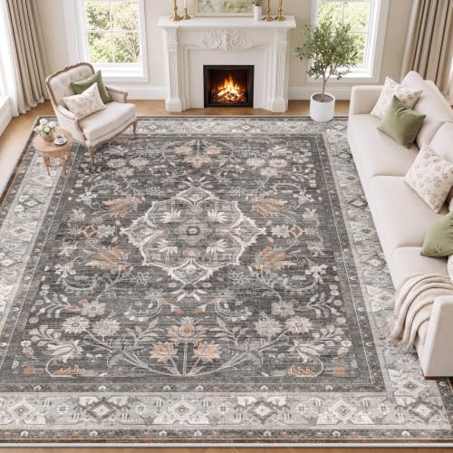 8x10 Vintage Washable Area Rug - Warm Taupe, Non-Slip Living Room Carpet