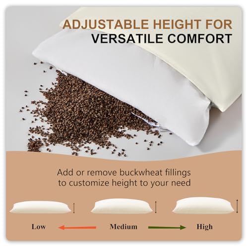 MIOTO Organic Buckwheat Pillow 14x20 Off White with Adjustable Fill & Extra Cover