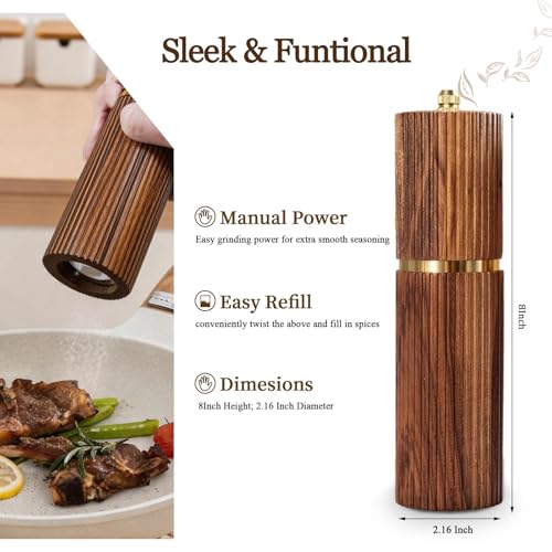 2 Pack Acacia Wood Salt and Pepper Grinder Set - Adjustable Ceramic Core, Gold Accents