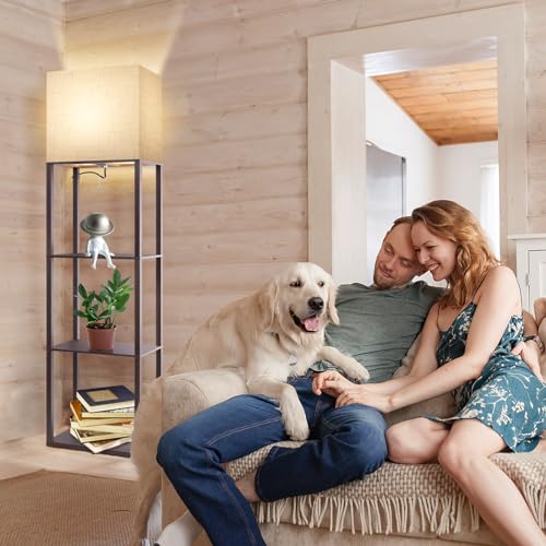 RUNTOP Plus Walnut Floor Lamp with Shelves, 15W LED, 3 Color Temp, Memory Function