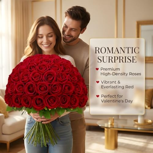 Red Artificial Roses 50 Pcs - Real Touch Velvet Flowers for Home Decor and Gifts