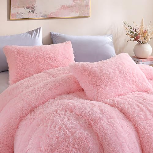Pink Faux Fur King Size Comforter Set - 3 Pieces, Soft & Fluffy Bedding
