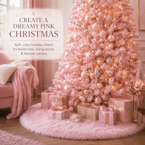AOGU 60 Inch Pink Faux Fur Christmas Tree Skirt for Holiday Decor