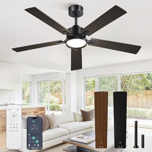 Glowivia 52 Inch Black Ceiling Fan with Lights, Remote & App Control, DC Motor