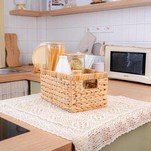Natural Water Hyacinth Wicker Basket Set of 3 - Medium Rectangular Storage Baskets with Handles, for Shelves & Organization