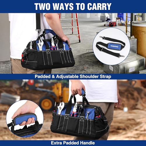 16-Inch Wide Mouth Tool Bag with Waterproof Molded Base - Blue & Black