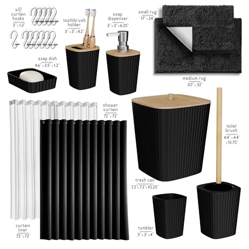 Clara Clark Black Bathroom Set with Shower Curtain & Rugs - Complete 12-Piece Kit