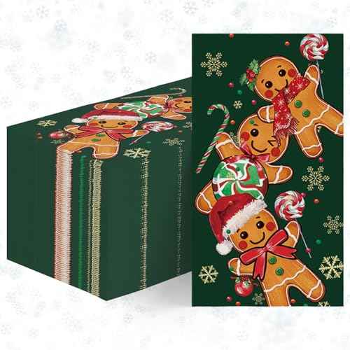 Horaldaily 50 Christmas Disposable Paper Decorative Guest Napkins, Green Gingerbread Man Cane Candy Hand Towel for Party Lunch Dinner Kitchen Bathroom