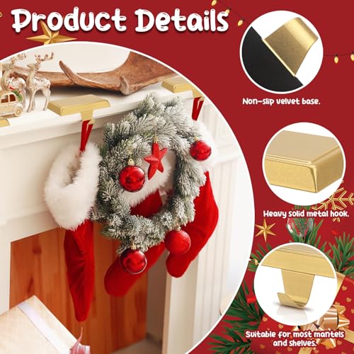 SUNEZLGO 6-Pack Gold Christmas Stocking Holders for Mantle - Weighted Metal Hooks with Pad