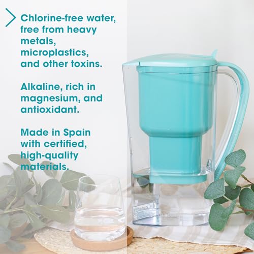 Alkanatur Water Filter Pitcher Turquoise/Blue - Removes Fluoride, Microplastics, PFA, Heavy Metals - Alkaline, Magnesium, Ionized Water