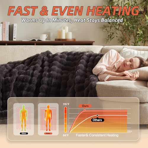 Electric Heated Blanket 50x60 Throw - Dark Grey Bubble Flannel Cozy Warmth