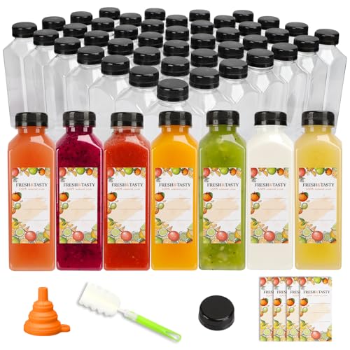 TOMNK 100 Pack 16 Oz Plastic Juice Bottles with Caps, Labels & Brush - Reusable Beverage Bottles