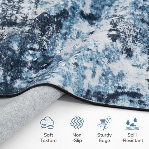 Dark Blue 9x12 Washable Abstract Area Rug for Living Room & Home Decor