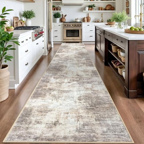 Abstract Runner Rug 3x16 Ft - Washable, Non-Slip Floor Carpet for Hallways & Entryway - Gold/Yellow/Brown/Beige/White