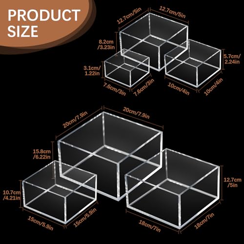 Clear Acrylic Risers Cube Stands Set of 6 - 3 to 8 Inch Square Display