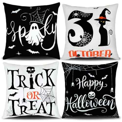 Ghost Halloween Decorations-Throw Pillow Covers 18x18in Set of 4,Spooky Gothic Black Cat Pillow Case for Couch Christmas Holiday Party Outdoor Black White Decor