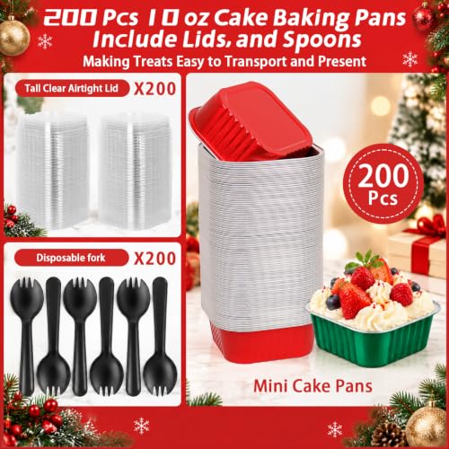 DeziWood 200-Pack 10 oz Christmas Mini Aluminum Cake Pans with Lids, Spoons & Red Green Variation