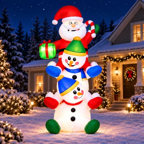 6.8 ft Santa on 2 Snowmen Inflatable Decoration with LED Lights