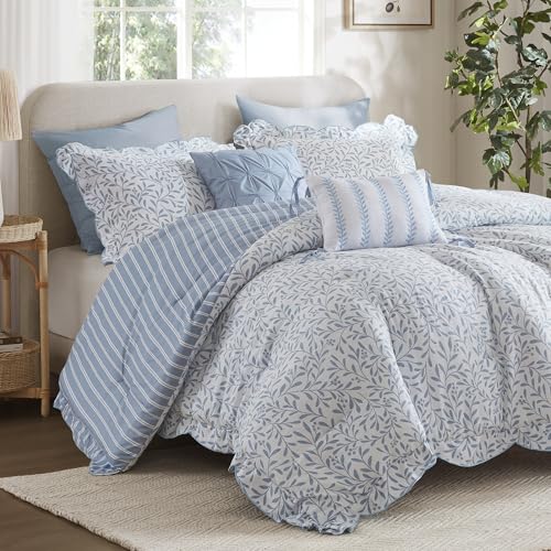 Reversible King Comforter Set with Shams & Decorative Pillows - Blue Floral