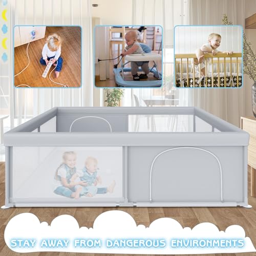 Besuhot Large Baby Playpen 79x79 Inch Grey for Babies & Toddlers, Safe & Spacious