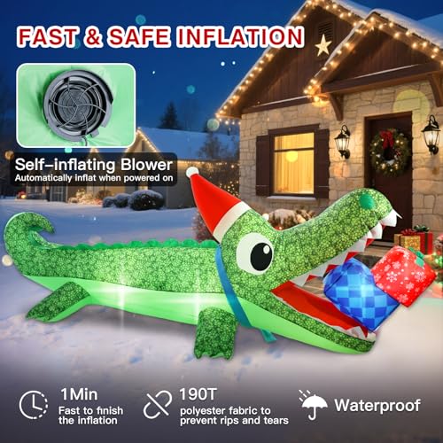 Aotiooy 9.3 FT Christmas Inflatable Crocodile Yard Decor with LED Lights, Santa Hat & Gift Box
