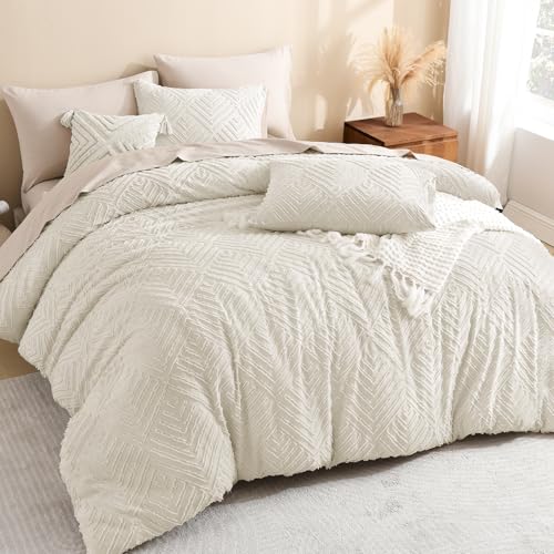 Oversized King Comforter Set - 3 Piece Boho Tufted Bedding in Beige - 120x98