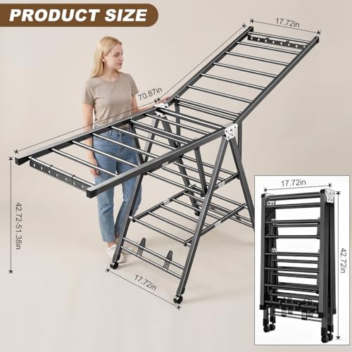 Heavy Duty 3-Tier Clothes Drying Rack with Wheels, 5.9ft Large Capacity