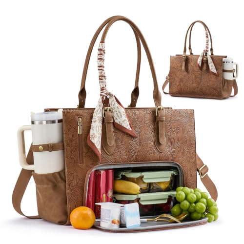 Retro Brown Embossed Work Tote Bag with Lunch Compartment for 15.6 Inch Laptop