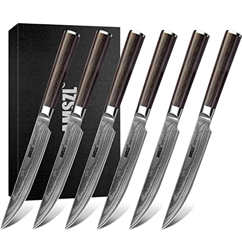 6-Piece VG10 Damascus Non-Serrated Steak Knife Set with Pakkawood Handles