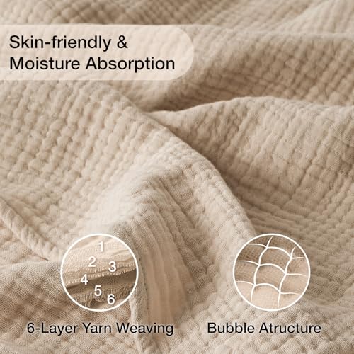 Cotton Muslin Blanket for Adults - 6-Layer California King 120x90 Beige - Breathable & Soft