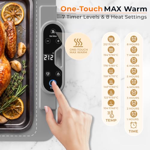 Gray 49x15 Inch Electric Food Warming Mat with 7 Heat Levels & 8-Hour Timer