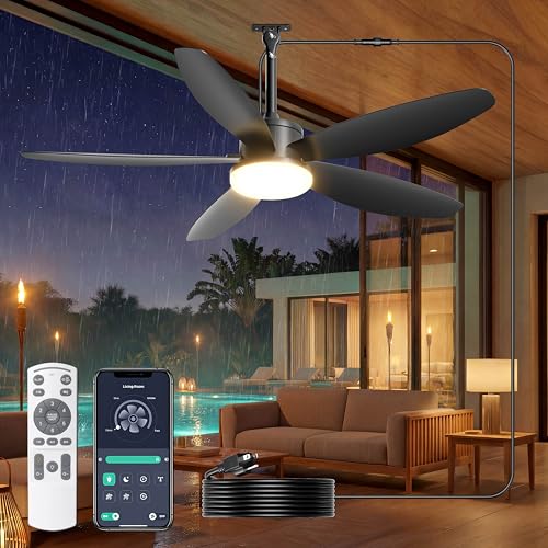 42-Inch Outdoor Ceiling Fan with Lights - Black, Plug-in, Waterproof, Remote Control