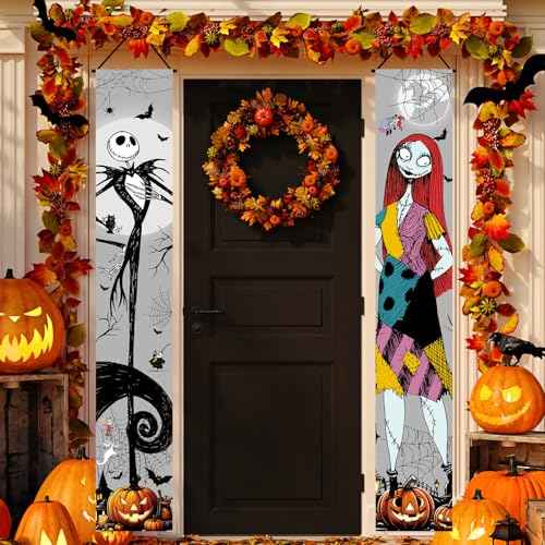 Jack Skellington Sally Banner Nightmare Before Christmas Halloween Decorations Porch Door Sign Welcome Banner Indoor Outdoor Wall Home Party Supplies