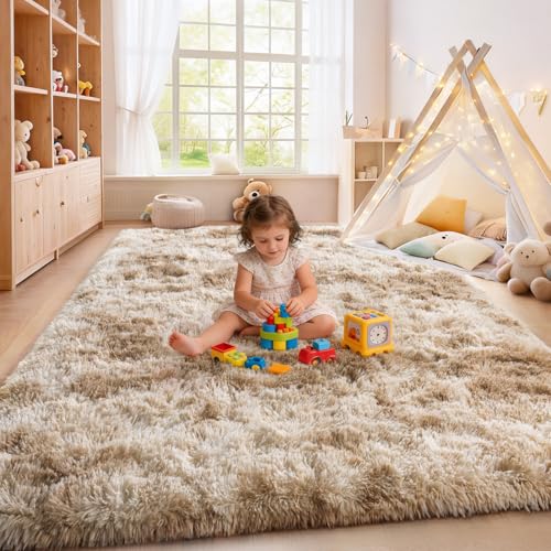 Tie Dye Camel 9x12Ft Large Shaggy Rug - Fuzzy Living Room Carpet, Non-Slip