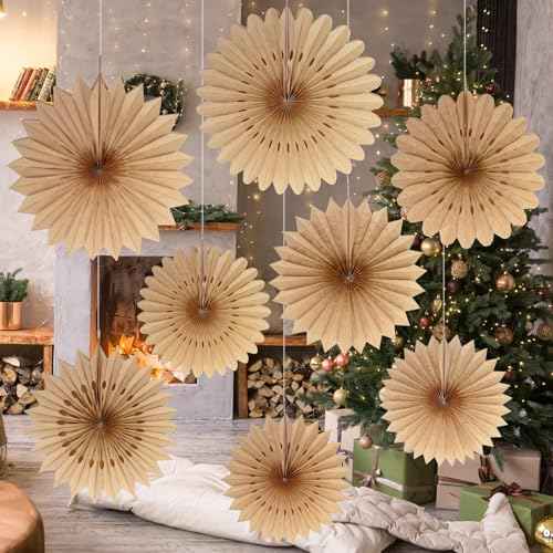 Resholder 9 Pcs Christmas Hanging Decorations Large Paper Fans Neutral Paper Fans Hanging Ornament Kit for Christmas Holiday Party Supplies Home Decorations 10/12/14 Inch(Brown)