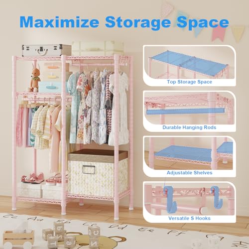 Pink Kids Clothes Rack with 4 Tiers, Metal Garment Organizer for Children's Room