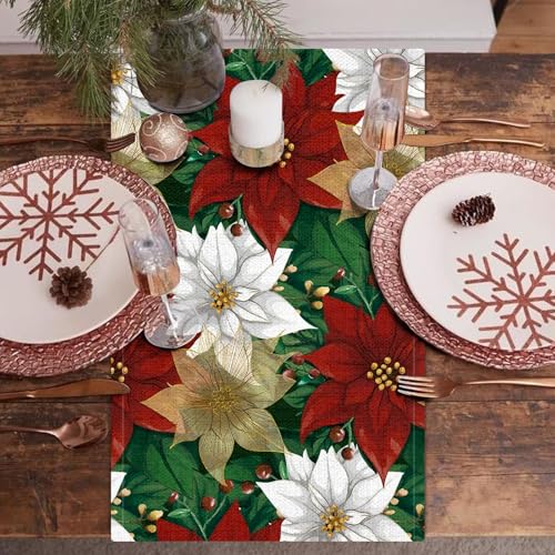 PROCIDA 13x90 Inch Poinsettia Christmas Table Runner - Burlap Red/Green Holiday Decor
