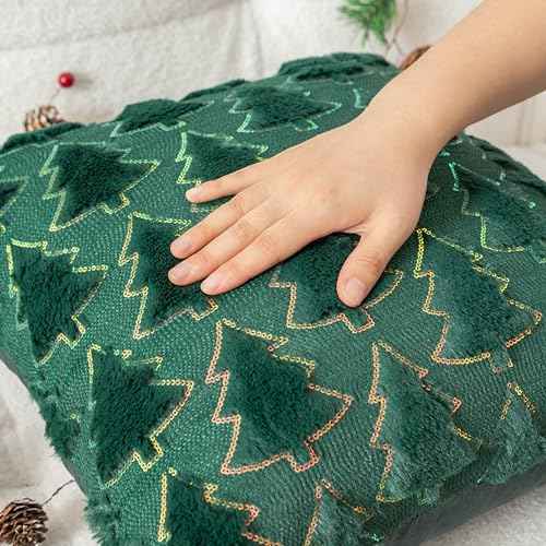 UGASA Christmas Tree Decorative Pillow Covers 18x18 Inch Set of 2 Soft Plush Faux Fur Luxury Sparkling Sequin Pattern Throw Pillows Pillowcases for Couch Sofa Holiday Festivals Home Decor, Dark Green