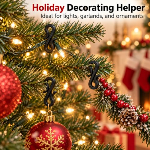 50-Pack Black S Hooks for Outdoor Christmas Lights - Lightweight Plastic