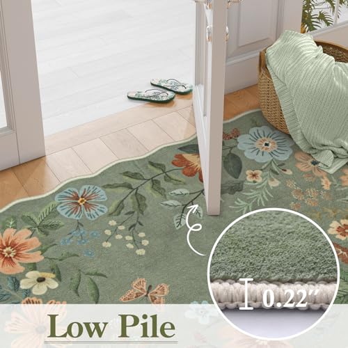 Lahome 6ft Green Floral Washable Round Area Rug – Non-Slip Large Circular Carpet