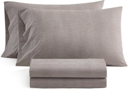 Martha Stewart King Gingham Brown Cotton Percale Bed Sheet Set with Deep Pocket Fitted Sheet