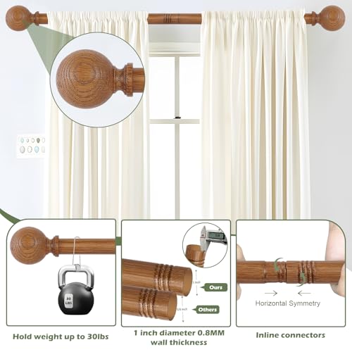 HTZON 2 Pack Wood Grain Adjustable Curtain Rods for Windows 28-48 Inch, Rustic Boho Heavy Duty Drapery Rod Set, Model: Wood Grain / 18-45"
