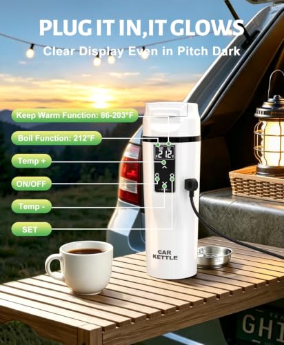 White 450ml Car Electric Kettle with Boil & Keep Warm for Travel & Commute