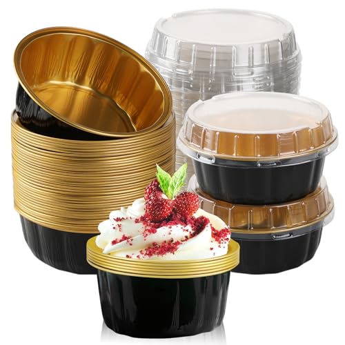 Disposable Aluminum Foil Cup with Lids - 8 oz Black and Gold Ramekins Set of 100