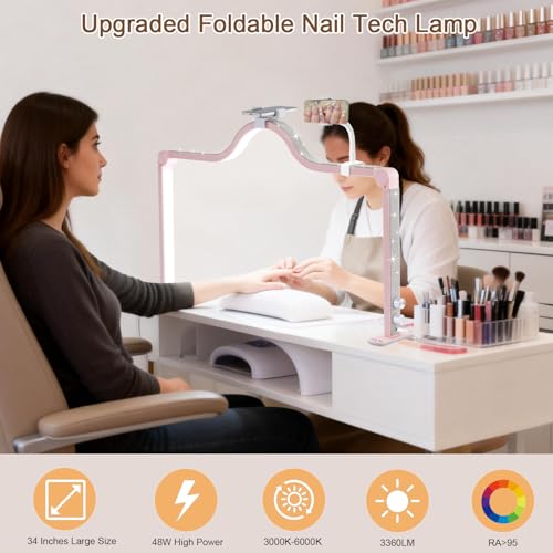 Pink Nail Lamp with Dual Phone Holder - 34" Large Desk Light for Manicure & Crafting